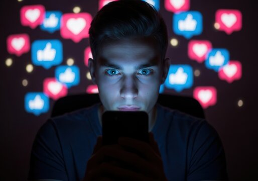Young man engrossed in his smartphone at night, surrounded by glowing social media like and heart icons, highlighting digital addiction and online engagement
