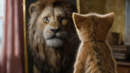 Fototapeta premium A small kitten looks at its reflection in a mirror, which shows the image of a powerful lion, symbolizing inner strength and potential