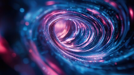 A swirling, glowing tunnel with a central point of light, emitting a pink and blue glow.