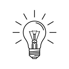 Simple black and white line art icon of a glowing incandescent light bulb, vector illustration