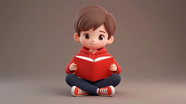 A cute cartoon boy sitting cross-legged and reading an open red book, perfect for children's education and storytelling themes