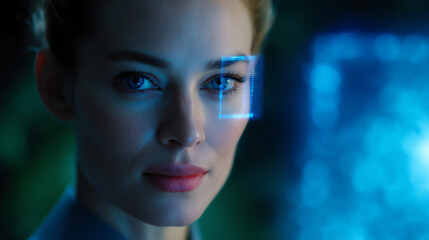 Close-up of a woman’s face with blue eyes illuminated by futuristic digital interface elements, symbolizing technology and biometric facial recognition in a dark, high-tech environment