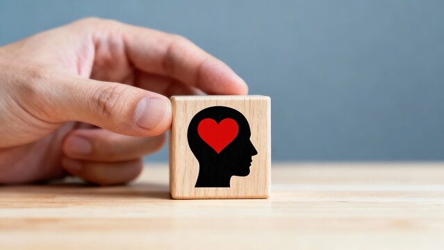 Hand holding wooden block with silhouette of human head and red heart inside - Powered by Adobe