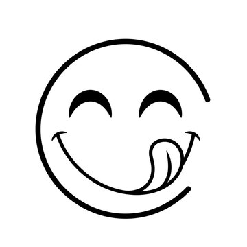 Delicious face emoji licking lips in black and white line art style vector illustration