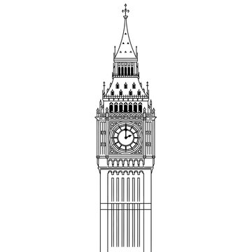 Black and white line art drawing of the elizabeth tower, home to big ben, vector illustration