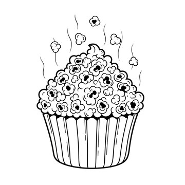 Black and white line art drawing of a delicious popcorn cupcake with steam rising, vector illustration