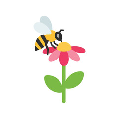 Cute bee pollinating pink flower flat design vector illustration