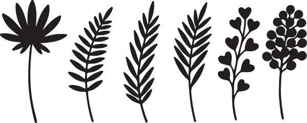 Collection of six black silhouette botanical elements with varied leaf shapes on a white background plant on transparent background