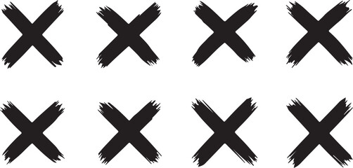 Eight Black Brush Stroke X Marks on White Background Keywords: x mark, cross, symbol, brush stroke, grunge, hand drawn, graphic, design element, isolated, white background, on transparent background
