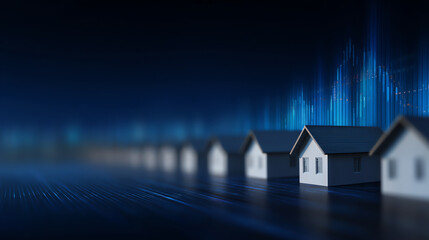 Row of miniature white houses on a dark reflective surface with abstract blue digital data bars rising in the background, symbolizing real estate and market trends