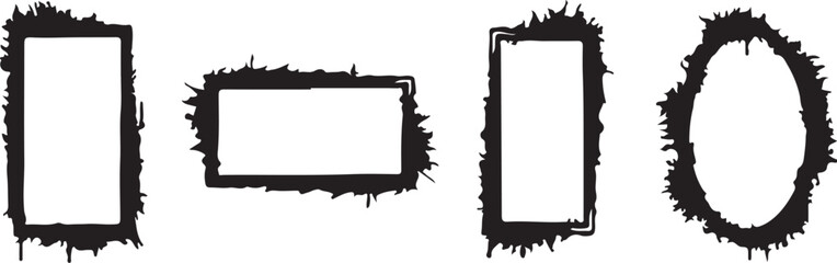 Fototapeta premium Set of Four Black Grunge Frames in Different Shapes and Sizes on White Background border rough on transparent background