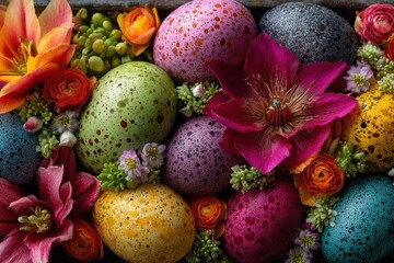 Obraz premium Speckled Easter eggs are arranged amongst colorful flowers in an overhead shot. Perfect for Easter cards, invitations, or spring holiday promotions.