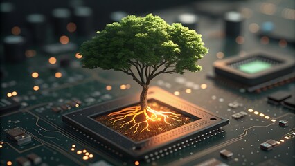 Conceptual image of a vibrant green tree growing out of a computer chip on a circuit board, symbolizing green technology, sustainable computing, and ecofriendly innovation in the digital age
