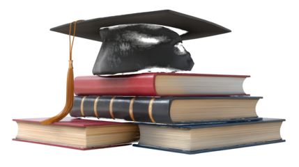 Graduation Cap on Stack of Books with Blue and Red Covers isolated on a transparent background