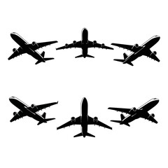 Set of six black silhouette icons of commercial passenger jet airplane views vector illustration