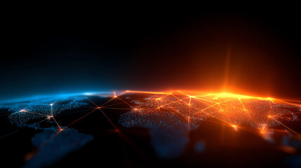 Digital global network visualization with glowing orange and blue connection points over a dark world map, symbolizing data exchange and technological communication