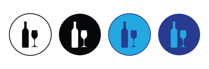 Set of icons featuring a wine bottle and glass silhouette in circles of varying colors: white, black, blue, and purple, representing beverages.