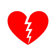 Red heart shape broken in half by a white lightning bolt, vector illustration