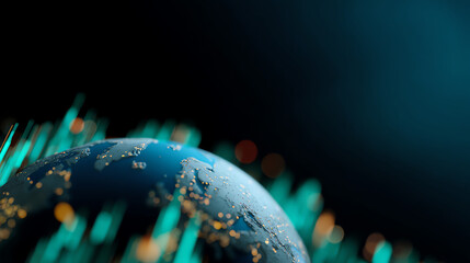 A digital globe with illuminated city lights and abstract data bars in the background on a dark blue gradient, symbolizing global connectivity and data visualization
