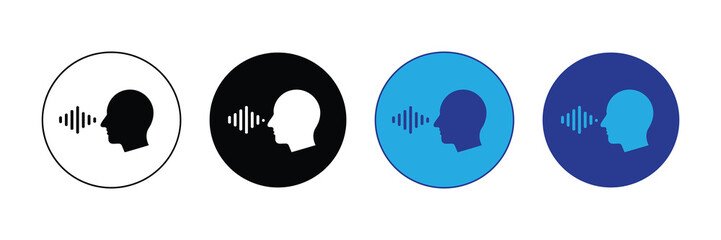Icon set representing voice input and sound waves, isolated on white, black, and blue circular backgrounds, symbolizing communication and audio technology