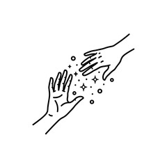 Obraz premium Minimalist line art drawing of two hands reaching towards each other with magical sparkling effect, vector illustration