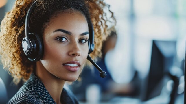 A woman wearing a headset in a call center.