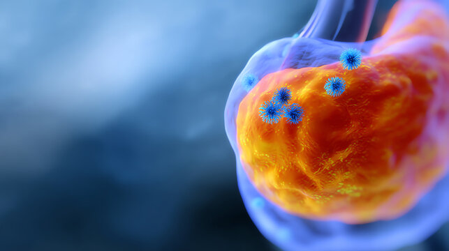Close-up 3D rendering of a virus infecting a human cell, showing blue viral particles attaching to and penetrating the orange cell membrane with a blurred blue background