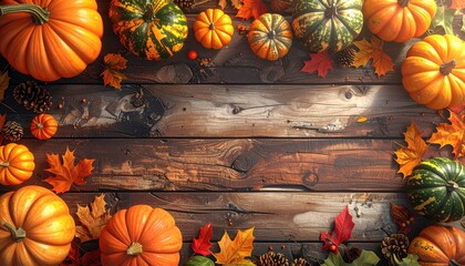 Pumpkins, leaves frame rustic wood. Autumnal, warm