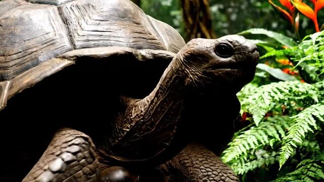 Wise old tortoise ambling in an overgrown garden environment