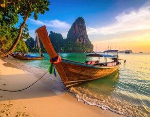 Thai boat on beach, island backdrop at sunset