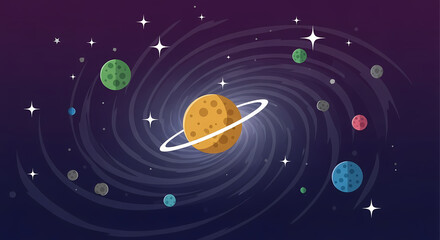 A whimsical, stylized illustration of a spiral galaxy with colorful planets, stars, and a prominent Saturn-like ringed planet. Perfect for science, education, and children's content.