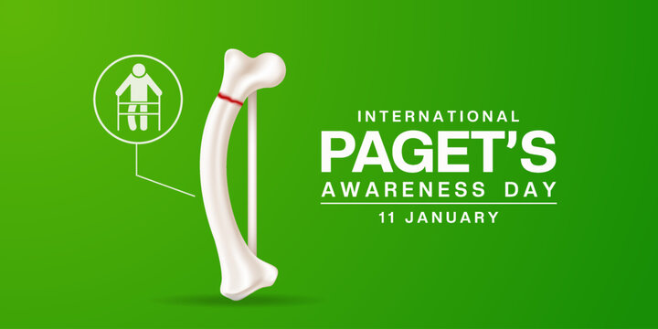January 11 is International Pagets Awareness Day. Bone and people. Great for cards, banners, posters, social media and more. Green background.