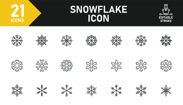 Snowflake line icon set. Set of 21 outline icons related to winter, snow, flake, snowflakes, ice crystal, snowfall and others. Editable stroke. Vector illustration.