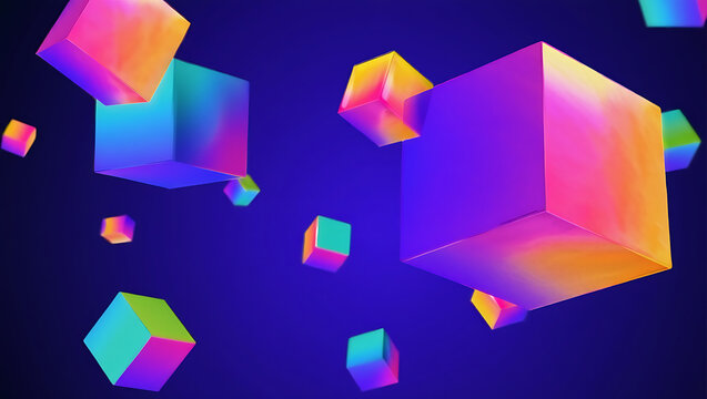 Abstract colorful glowing cubes floating in dark blue space - Powered by Adobe