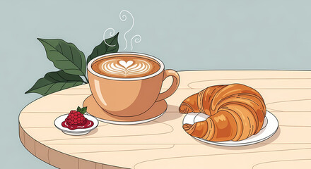 A charming, hand-drawn illustration of a latte with heart-shaped foam (latte art) and a fresh croissant with jam, resting on a rustic wooden table with green leaves. Represents breakfast, comfort, mor