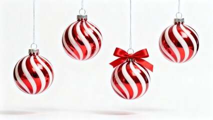 Four red and white striped Christmas ornaments hanging against a white background, one adorned with a red bow