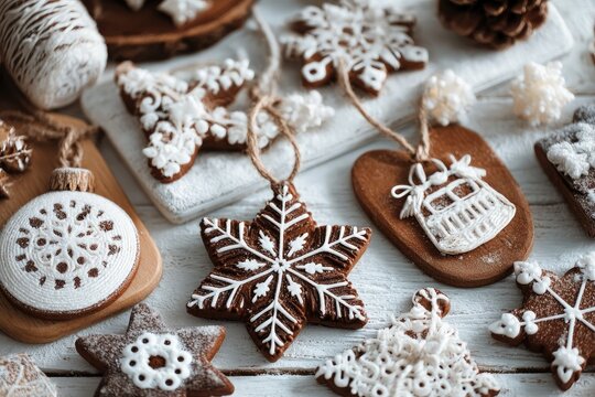 Varied decorated holiday gingerbread ornaments on white wood - Powered by Adobe