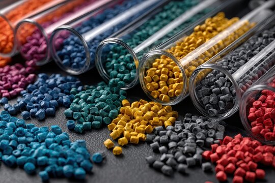 Colorful plastic pellets in test tubes on a dark surface are displayed. Perfect for polymer science, materials, and the plastics industry.