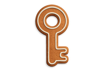 A key shaped gingerbread cookie decorated with white royal icing piping creates a festive symbol for holiday access, home security, and unlocking Christmas secrets