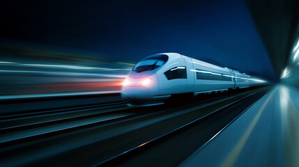 Fototapeta premium A sleek white high-speed train moves rapidly through a modern station at night, with motion blur emphasizing its speed and futuristic design