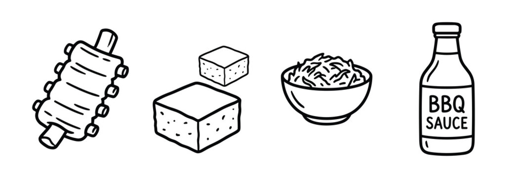 BBQ food icons. Barbecue sauce, ribs, coleslaw, cornbread black and white illustrations.