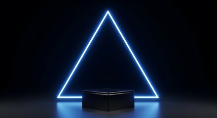 Modern black podium with neon triangle for product display and presentation