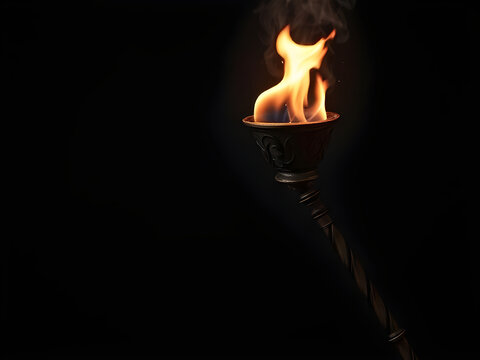 A single, ancient-looking torch casts a flickering, warm glow against a dark background