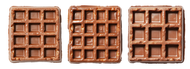 Tasty golden waffle drenched in glossy melted chocolate syrup, isolated on white transparent background, dessert concept