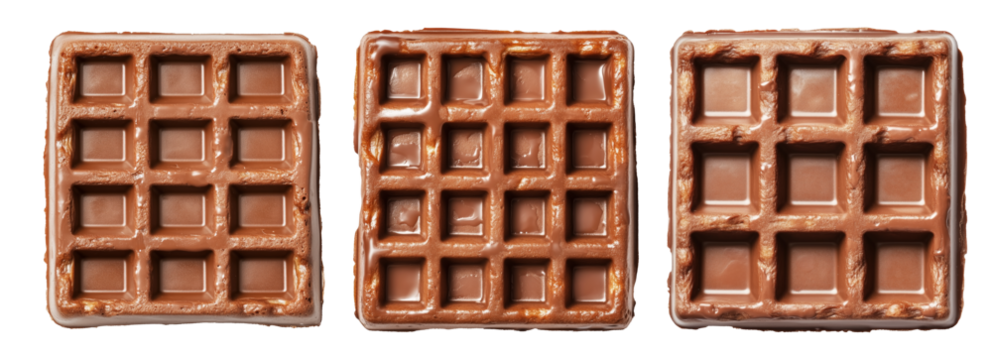 Tasty golden waffle drenched in glossy melted chocolate syrup, isolated on white transparent background, dessert concept