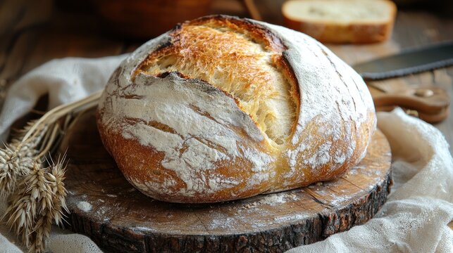 A freshly baked loaf of artisan bread on a rustic wooden table with a white cloth and wheat ears.