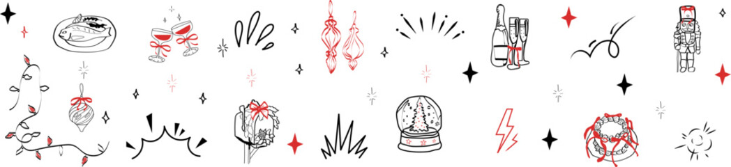 Hand drawn Christmas party vector set. Vintage new year icons dinner meals in chalk and crayon drawing. Xmas party elements for poster and greeting cards. 