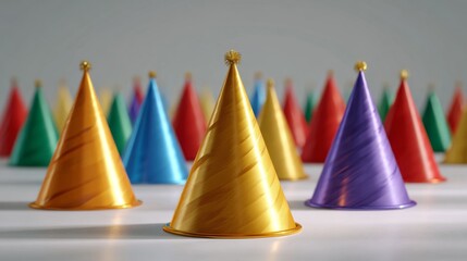 a set of colorful New Year party hats arranged on a bright white surface, glossy reflections