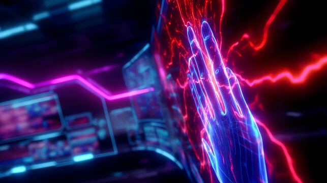 Futuristic neon holographic hand interface interacts with a glowing red digital screen in a high-tech environment with vibrant purple and blue lighting