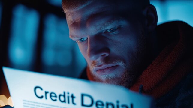 A focused young man examines a "Credit Denial" document under soft blue lighting, visibly processing the information. - Powered by Adobe